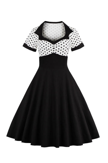 Preto Pontos de Polka Vestido dos anos 1950 Com Mangas Curtas